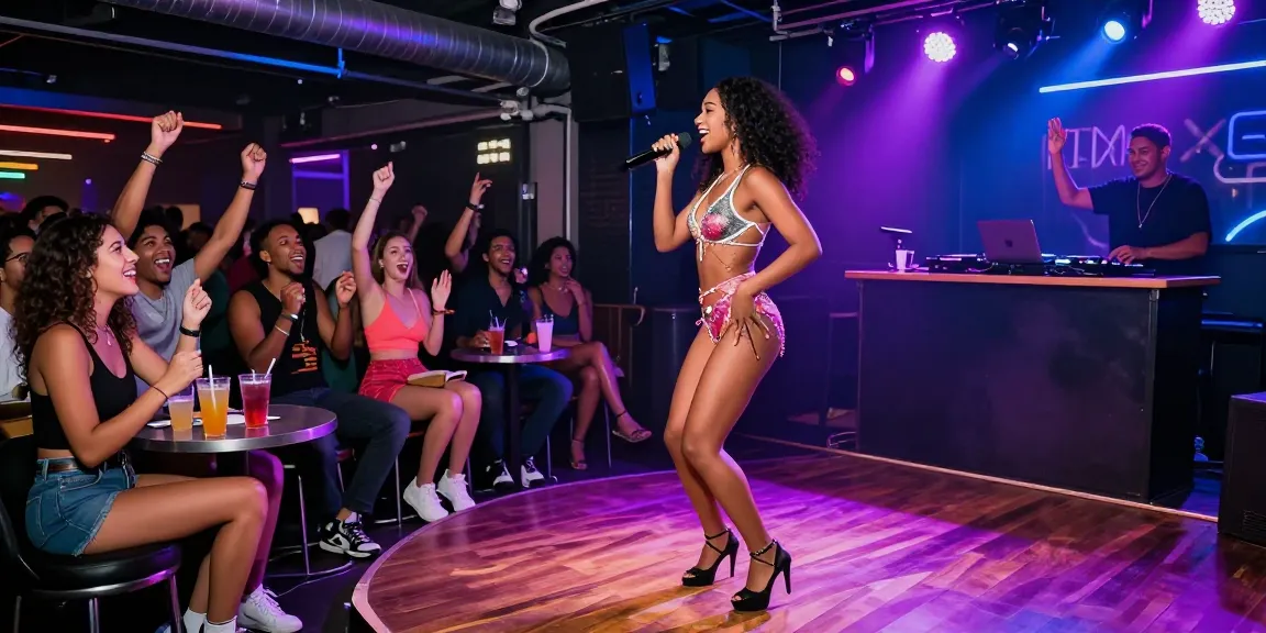 Miami stripper performing under neon lights in a lively club atmosphere, surrounded by cheers and excitement.