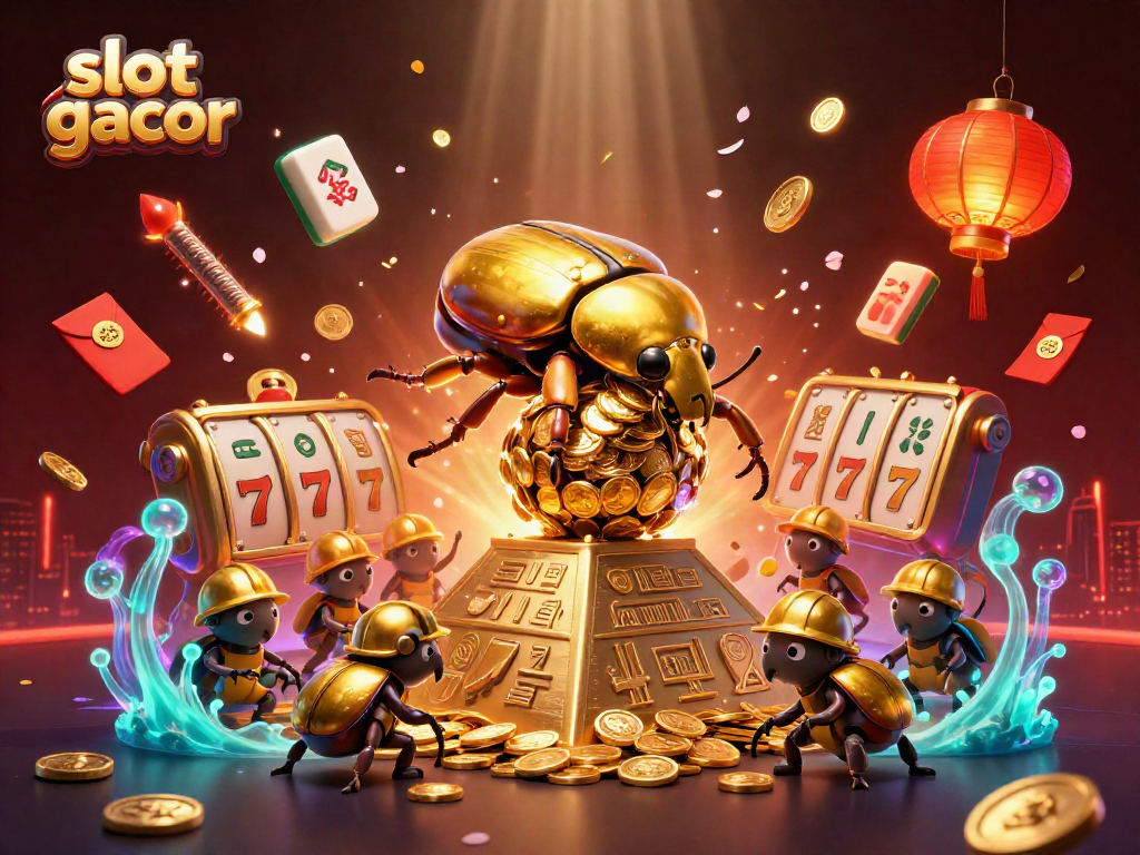 Engage with slot gacor featuring a golden dung beetle rolling a jackpot ball up a pyramid with vibrant casino symbols.