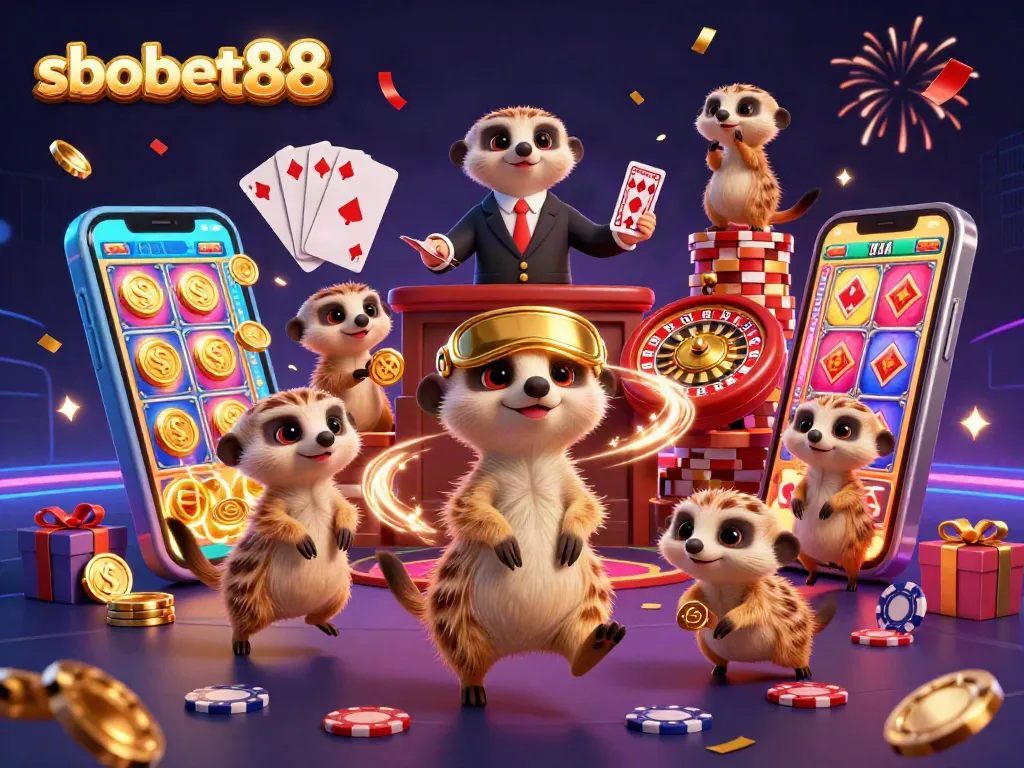 Sbobet88 meerkats managing a colorful casino scene with dynamic slot games and celebratory elements.