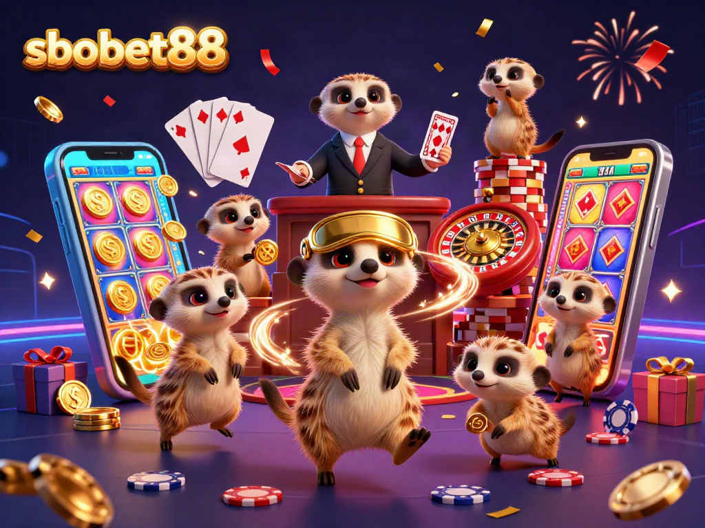 Sbobet88 meerkats managing a colorful casino scene with dynamic slot games and celebratory elements.