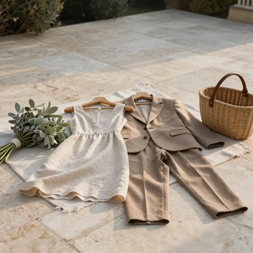 Engagement outfits on velvet hangers with blanket, bouquet and basket on a stone terrace.