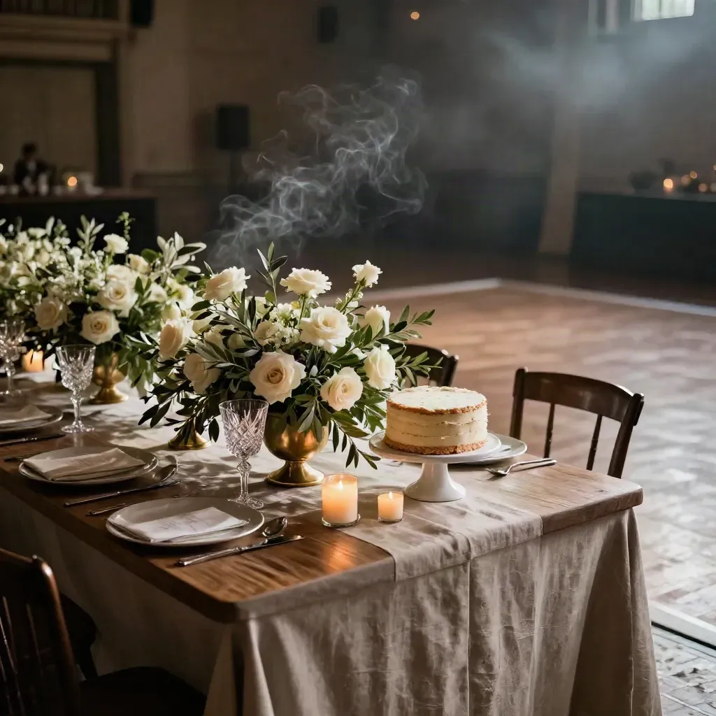 Wedding reception tablescape with candles, florals, cake stand, and glowing dance floor.
