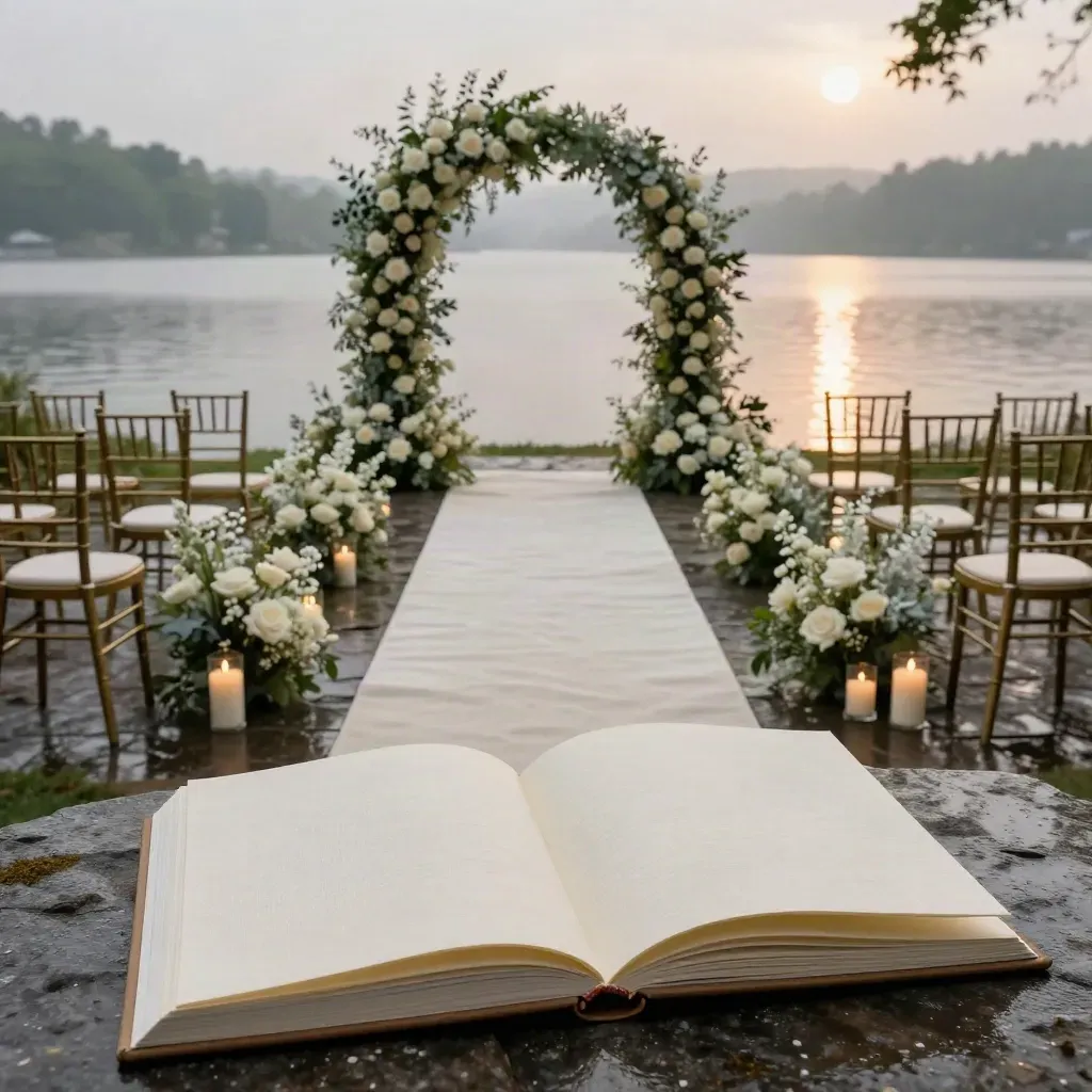 Lakefront wedding setup with ivory aisle, floral arch, brass chairs and album by misty water.