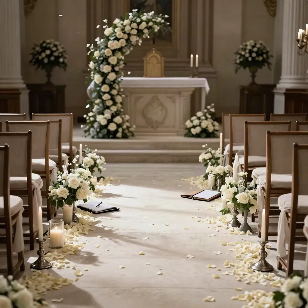 Empty ceremony aisle with floral arch, candles, and vow books in warm ivory light