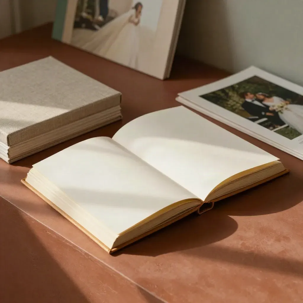 Open wedding album with prints, linen box, and sleeve on a sunlit warm ledge.