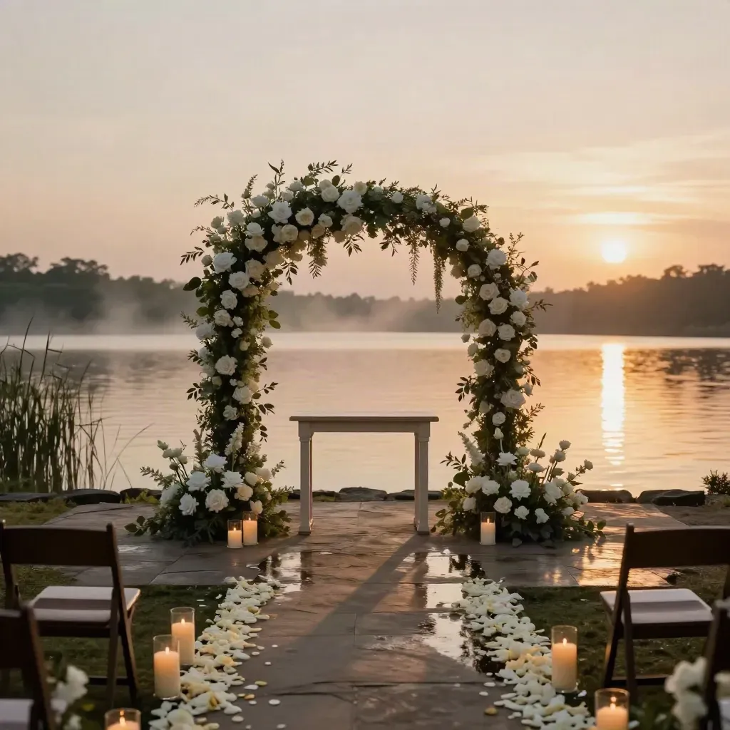 Empty lakeside wedding arch with petal aisle, candles, and sunset reflections on still water.