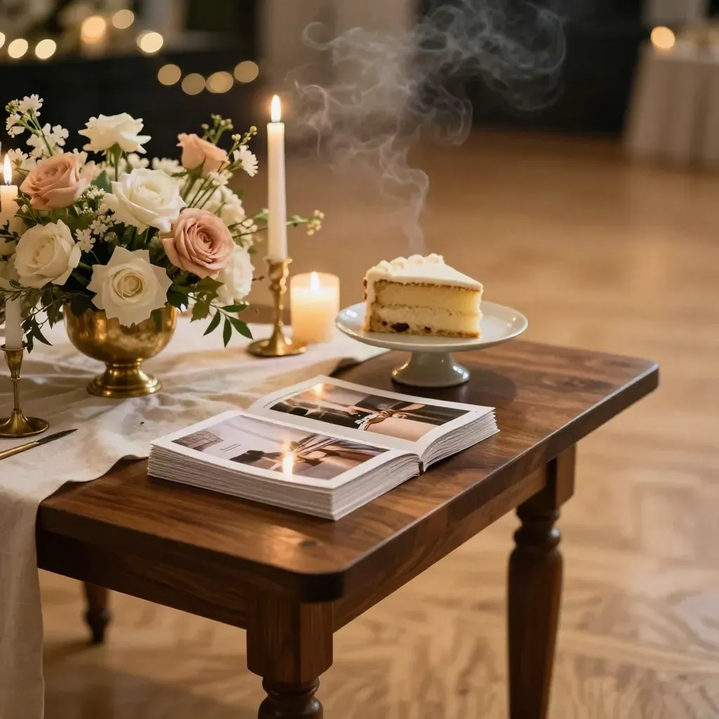 Reception table with candles, florals, cake stand and printed selects beside a glowing dance floor.