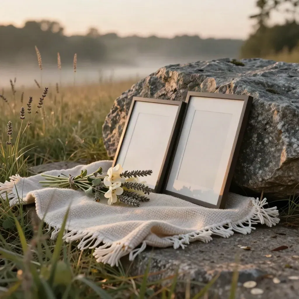 Zilker Park overlook with folded blanket, bouquet, and matted frames in sunset grass.