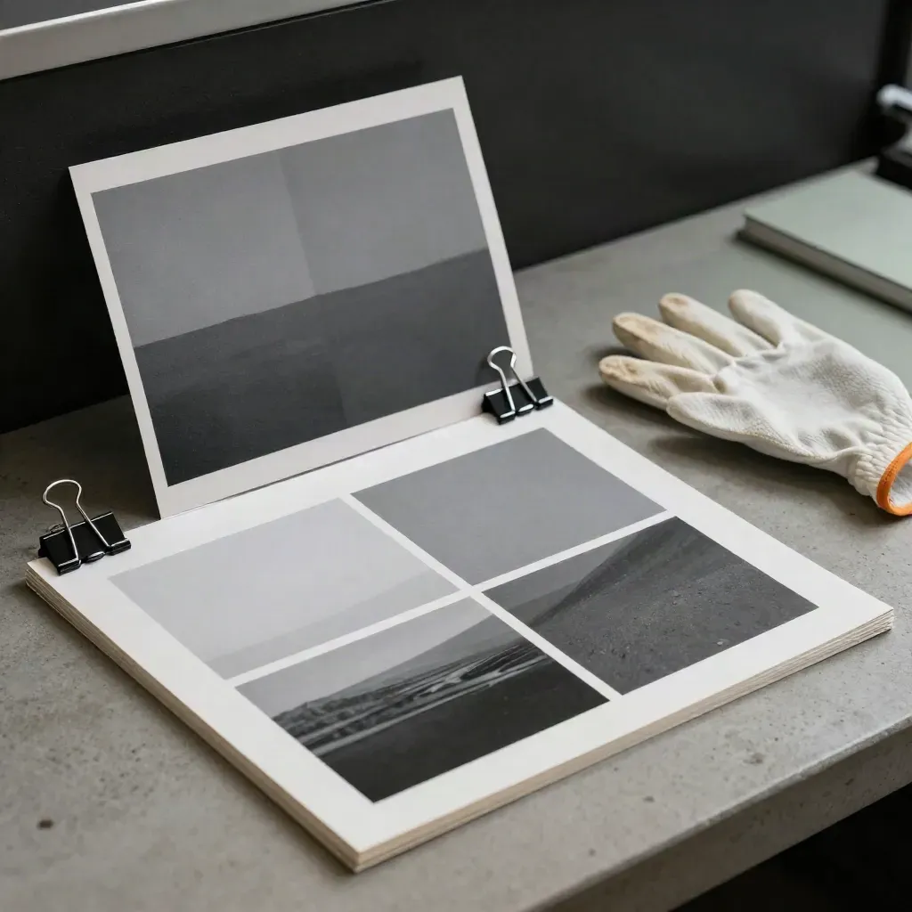 Sample prints, gray reference card, cotton gloves and binder clips on a proofing bench.