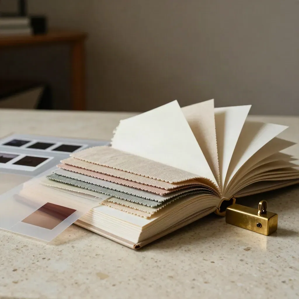 Open wedding sample album with linen swatches, proof sleeve and brass paperweight on travertine