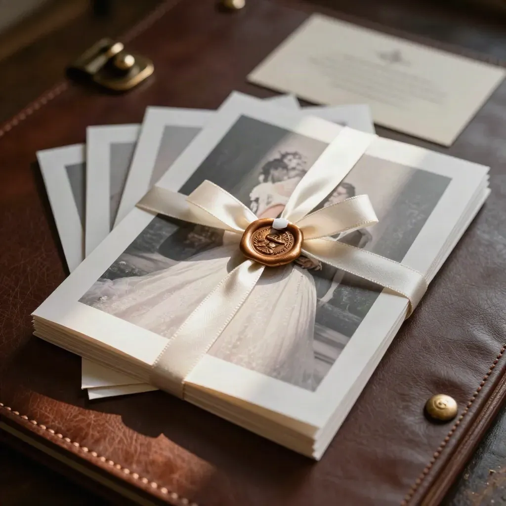 Wedding highlight prints tied with ribbon and wax seal on a dark leather folio