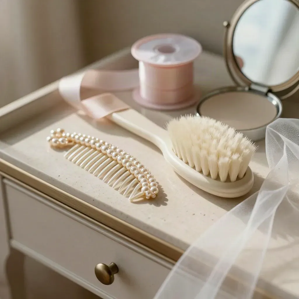 Macro bridal styling tools: pearl comb, veil comb, brush, ribbon spool and mirror on travertine.