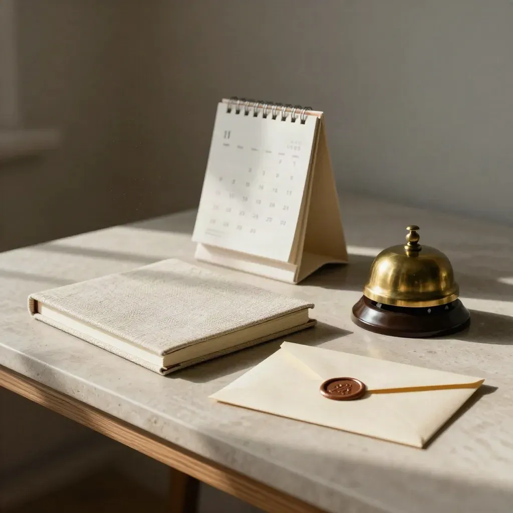 Wedding booking still life with notebook, brass bell, calendar and sealed envelope on pale stone.