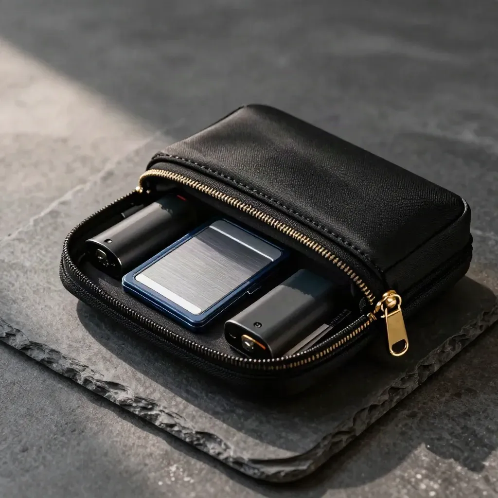 Wedding day field kit with pouch, memory cards, batteries and schedule tabs on slate.