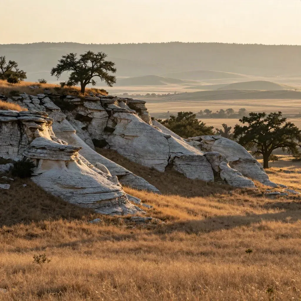 Hazy Hill Country limestone ridges and live oaks over open pasture at golden hour.