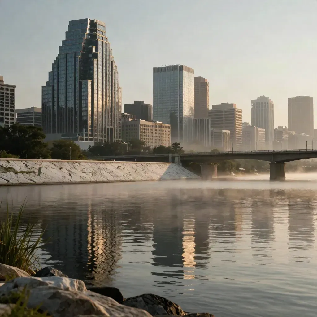 Austin skyline over Lady Bird Lake in warm morning haze, calm water and reflections