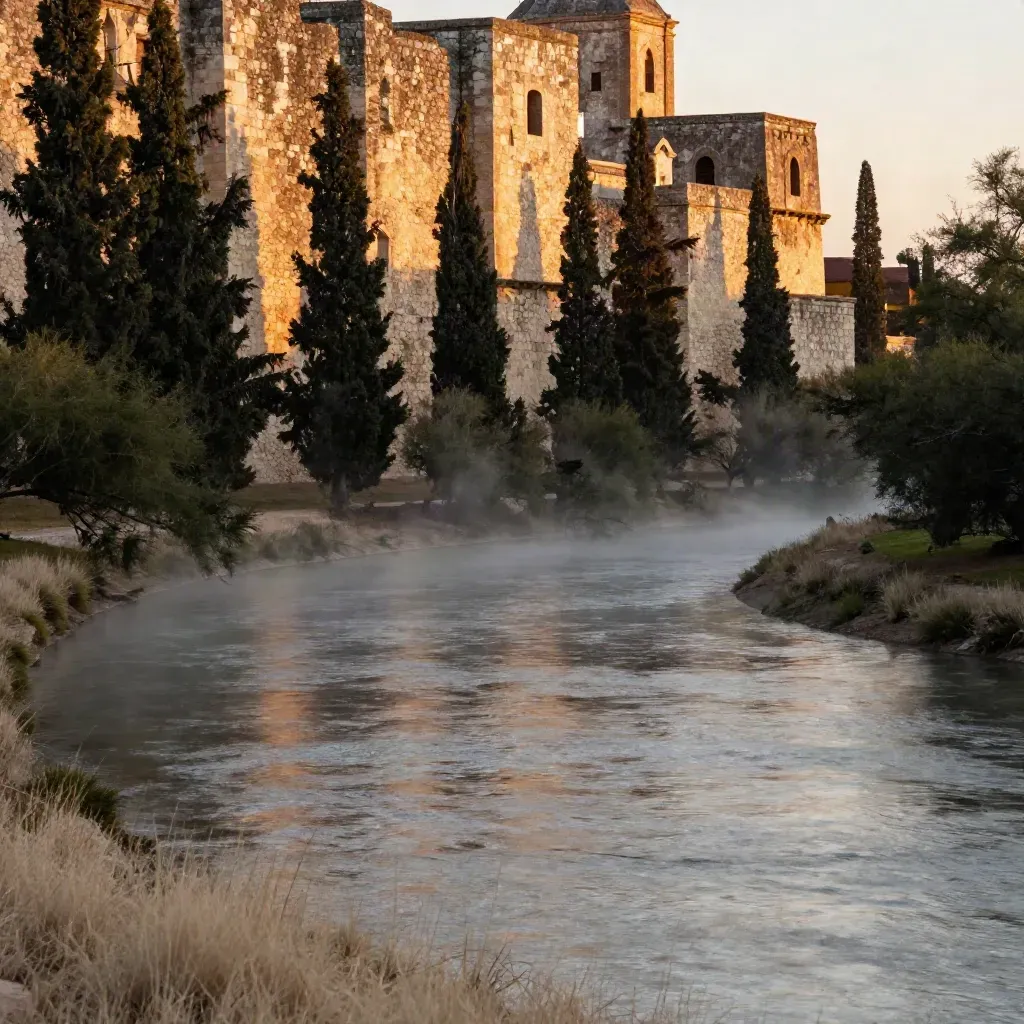 Golden-hour San Antonio mission and river bend with hazy calm space for copy