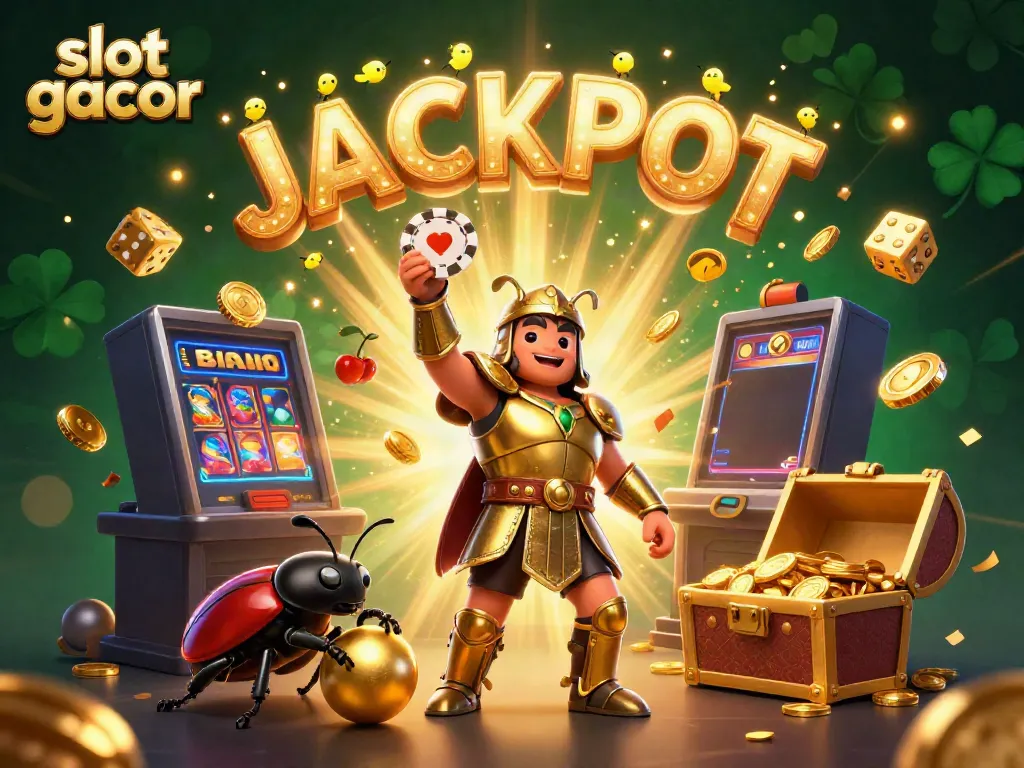 Experience the excitement of slot gacor with a vibrant 3D cartoon scene showcasing a victorious beetle character and casino elements.
