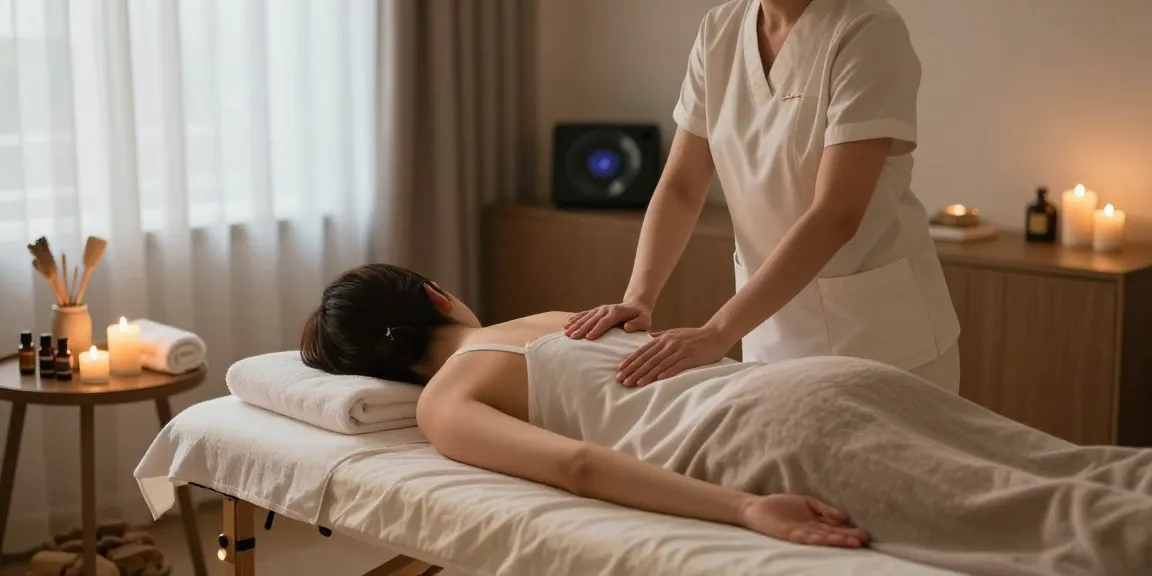 의정부출장안마 home massage setup with a professional therapist, relaxing atmosphere and essential oils.