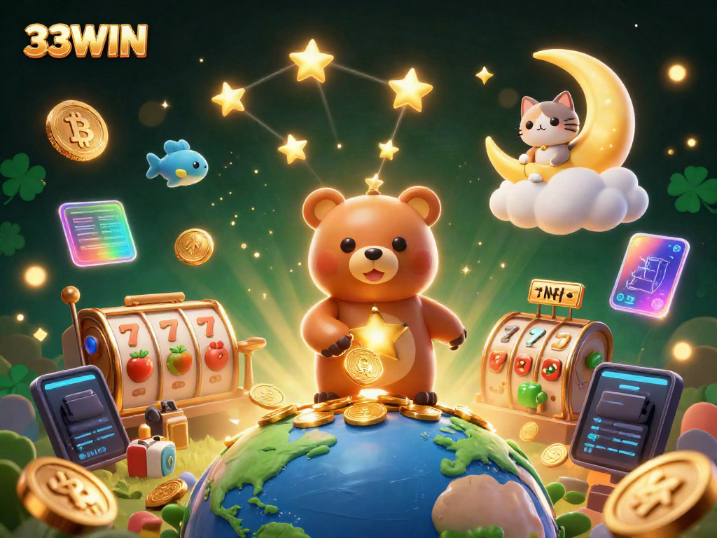 Engage with the 33WIN universe, featuring a starry bear scooping coins in a lively casino setting.