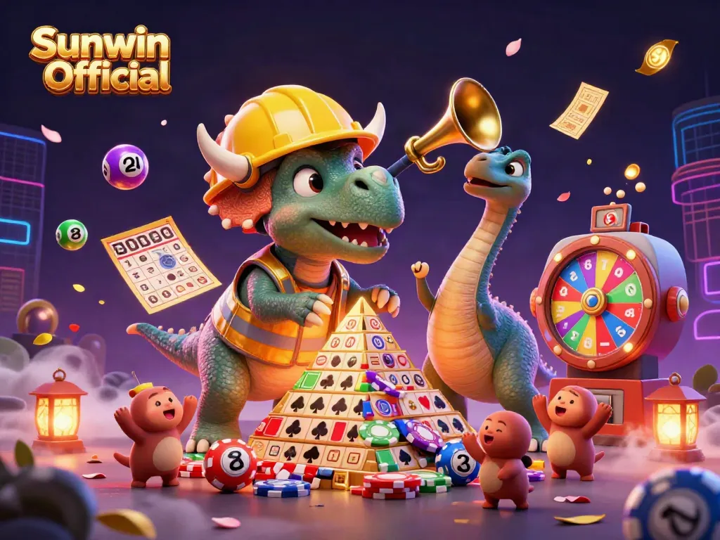 Celebrate wins at Sunwin Official with a lively scene of animated dinosaurs building poker chips and enjoying the gaming atmosphere.