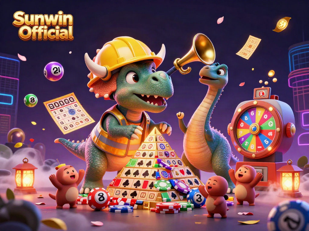 Celebrate wins at Sunwin Official with a lively scene of animated dinosaurs building poker chips and enjoying the gaming atmosphere.
