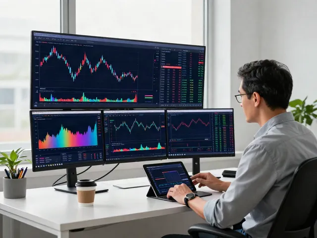 Trader analyzing TradingView charts in a modern office workspace.