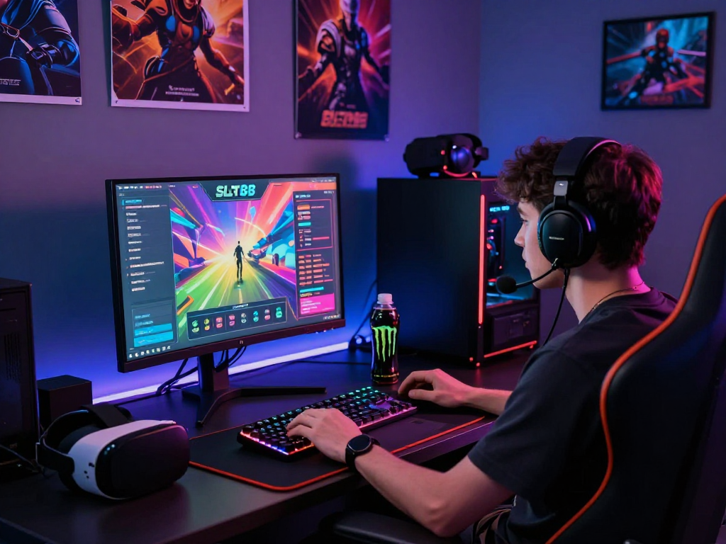 Player immersed in gaming with slot88 interface on screen, energetic room ambiance.