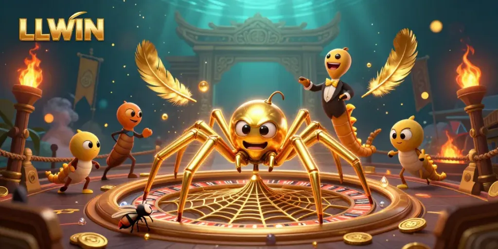 LLWIN: engaging 3D scene of a golden spider roulette wheel with action elements showcasing vibrant casino gaming.
