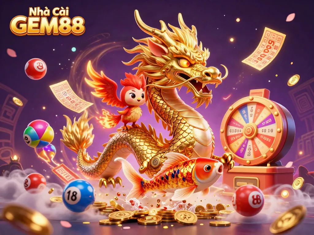 Experience thrills at Nhà cái GEM88 with a golden dragon, phoenix, and koi fish amidst captivating game elements.