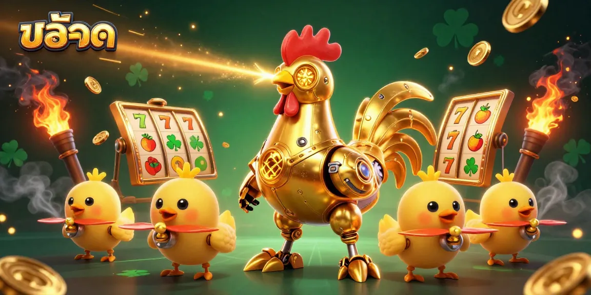 Engage with สล็อต through a dynamic scene featuring a golden rooster robot and baby chick drones.