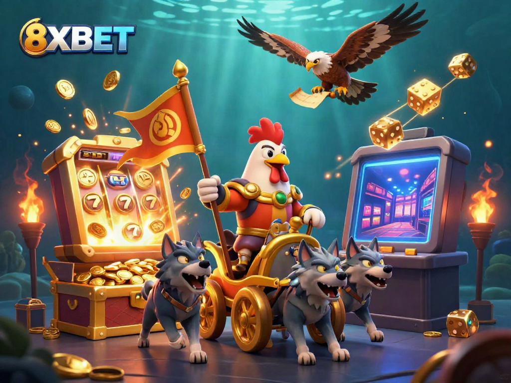 Play thrilling games at 8XBET with a dynamic casino scene featuring exciting slot machines and a royal rooster warlord.