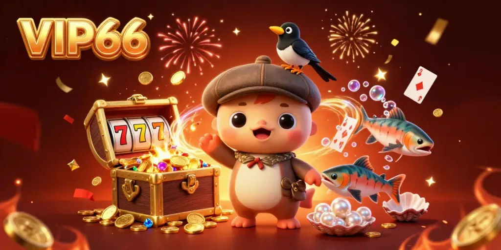 Experience the thrill of winning at VIP66 with vibrant characters and dynamic casino elements.