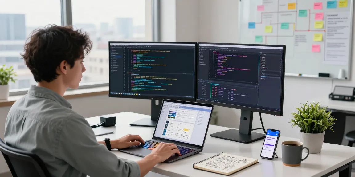 Software engineer coding in a modern workspace using an rti scheduler tool for project management.