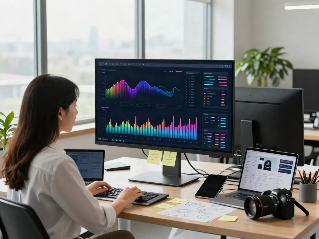 Workspace digital marketing yang energik, wanita melihat analitik istanawin di layar besar