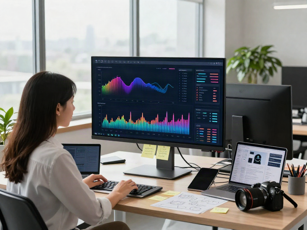 Workspace digital marketing yang energik, wanita melihat analitik istanawin di layar besar