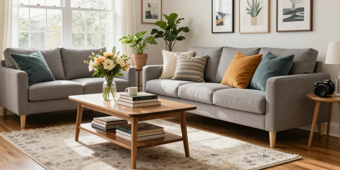 Inviting living room scene showcasing Home The Spruce style with a gray sofa, decorative pillows, and a stylish sofa table.