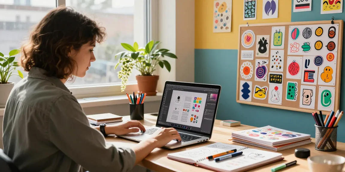 Designer creating custom stickers in a lively workspace with vibrant designs and natural lighting.