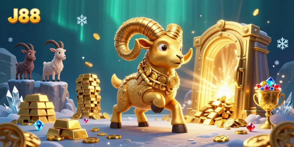 J88's golden ram charging towards prosperity amidst a glittering casino treasure vault scene.