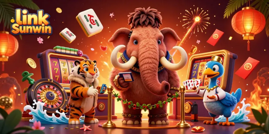 Experience the excitement with link Sunwin, featuring engaging slot reels and vibrant casino characters.