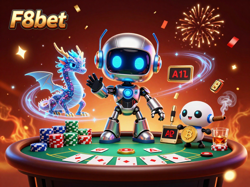 Play poker at F8bet with a futuristic twist featuring vibrant characters and casino elements.