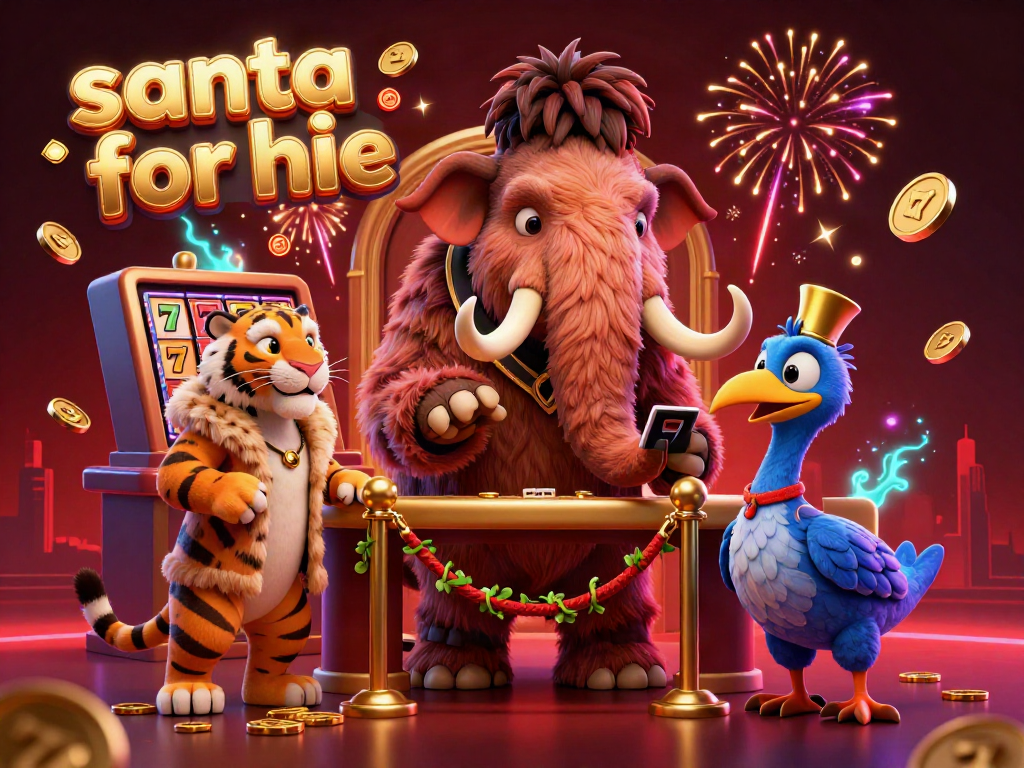 Santas for hire greet guests in a vibrant casino-themed scene with rich details.