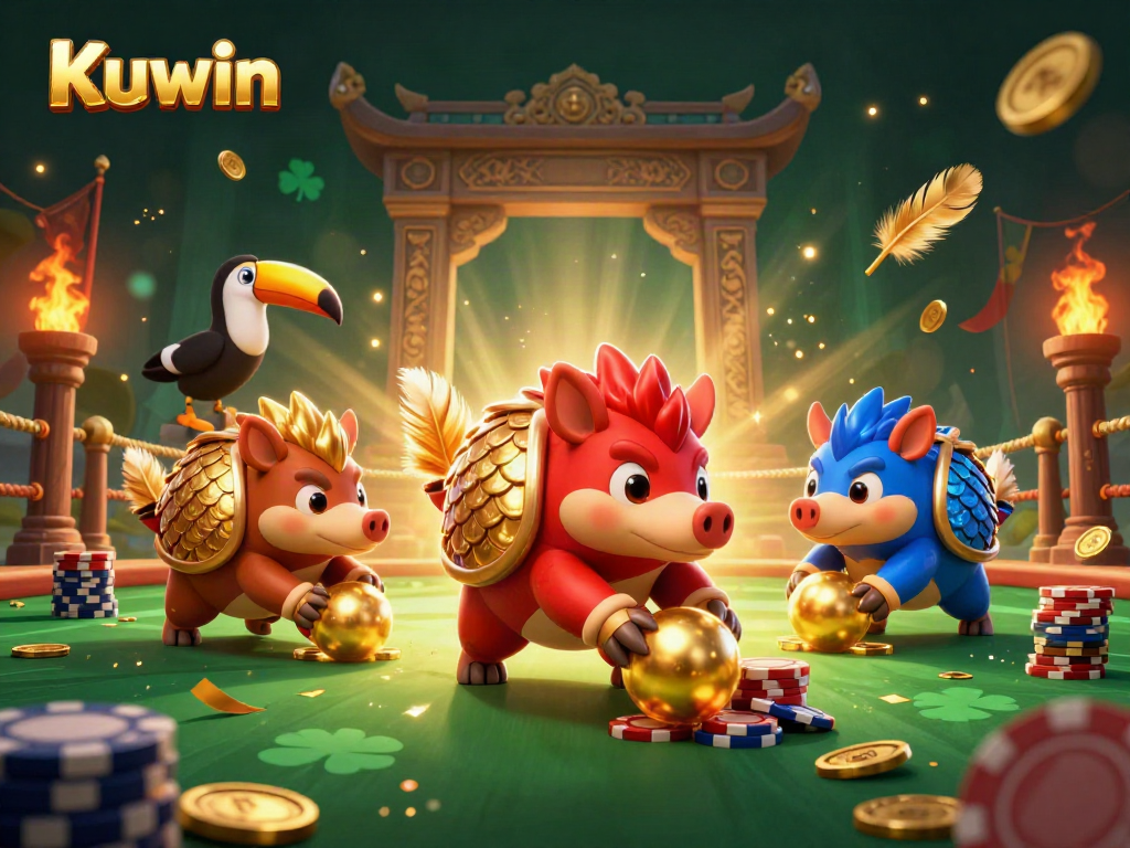 Kuwin pangolins compete in a thrilling casino game, showcasing poker chips and vibrant elements.