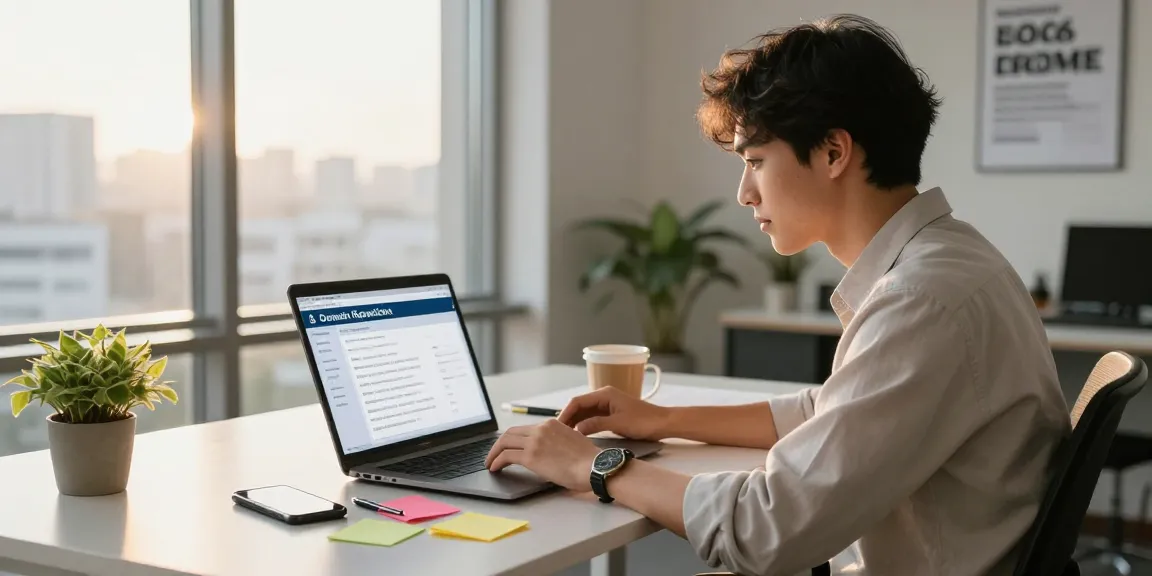Focused professional completing a registro de dominios form in a modern office setting