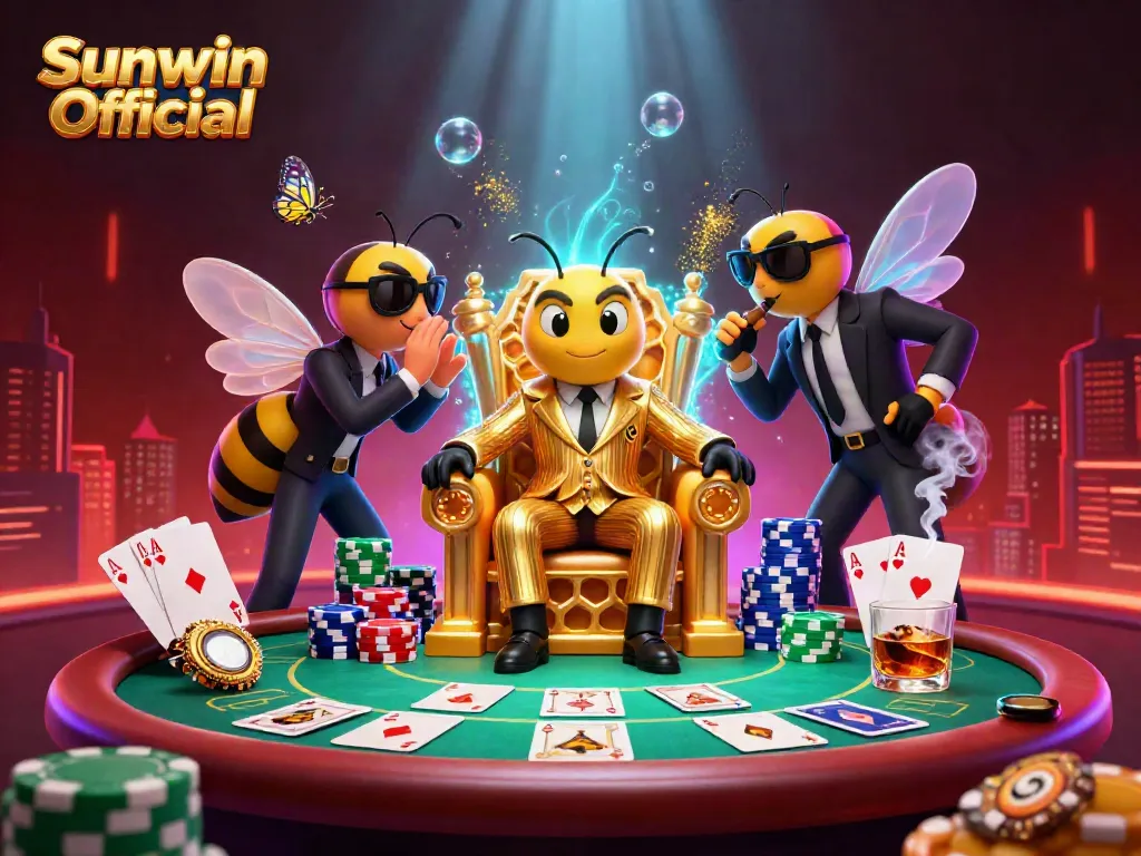 Experience thrilling gaming with Sunwin Official, featuring a cartoon bumblebee mob boss in a vibrant casino scene.