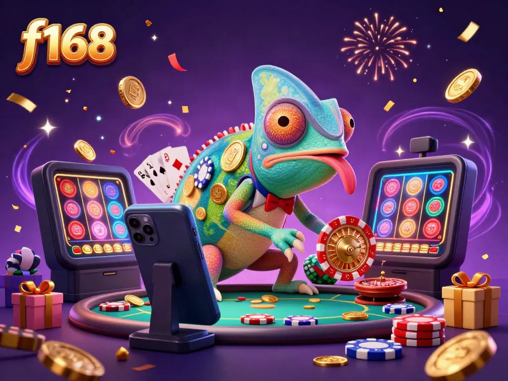 Engage in thrilling f168 gaming with a vibrant chameleon casino owner amidst slot games and golden coins.
