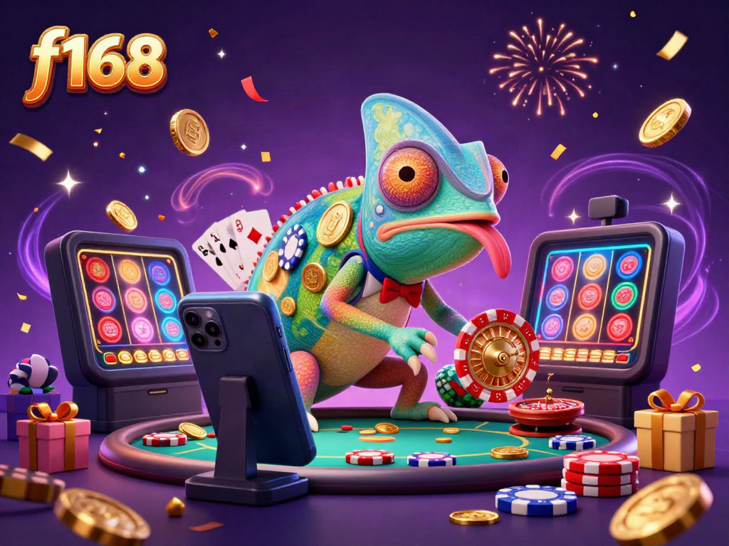Engage in thrilling f168 gaming with a vibrant chameleon casino owner amidst slot games and golden coins.