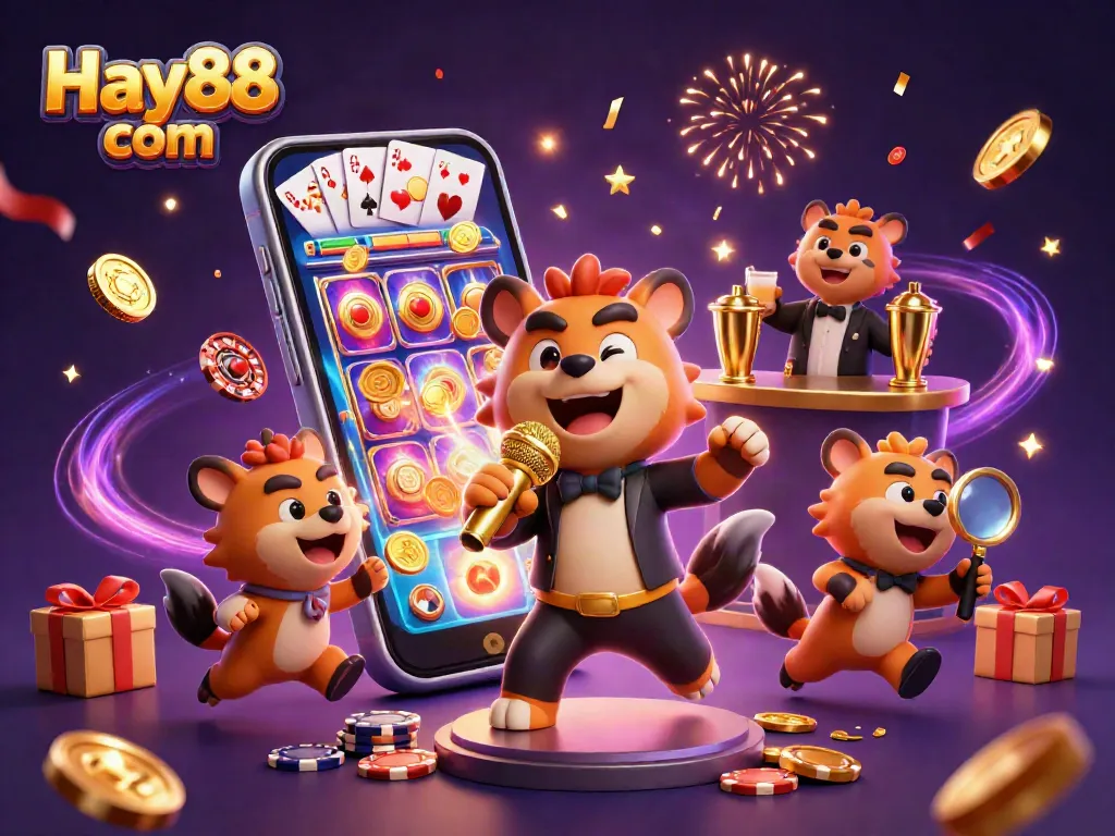 Join the fun at Hay88 com as hyenas animate a vibrant casino scene with thrilling games and golden rewards.