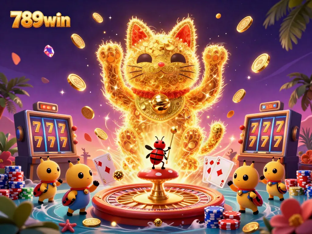 Experience the excitement of 789win with vibrant casino elements and a magical lucky cat.
