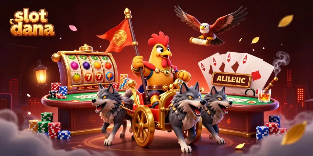 Jenderal ayam di kasino dengan slot dana, kartu poker, dan simbol keberuntungan.